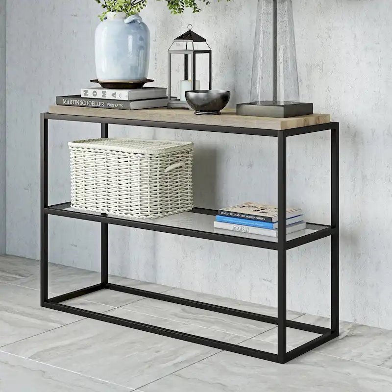 Blackened Bronze Console Table, Steel & Glass, 1-Person Assembly