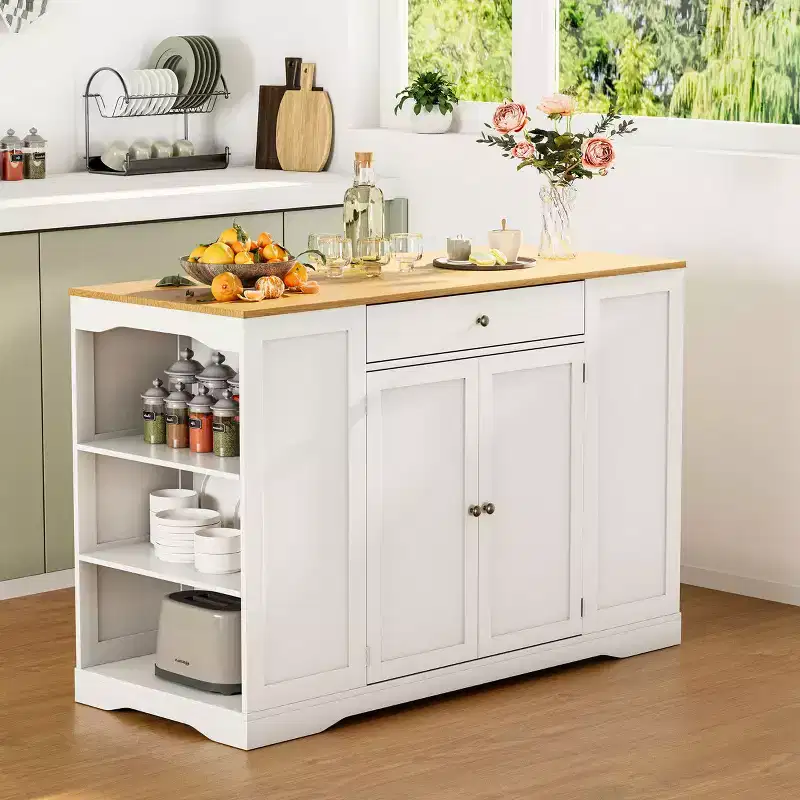 EROMMY 53 Mobile Kitchen Island Cart, Kitchen Storage Islands With Trash Can Cabinet, Spice Rack, Towel Bar & Drawers