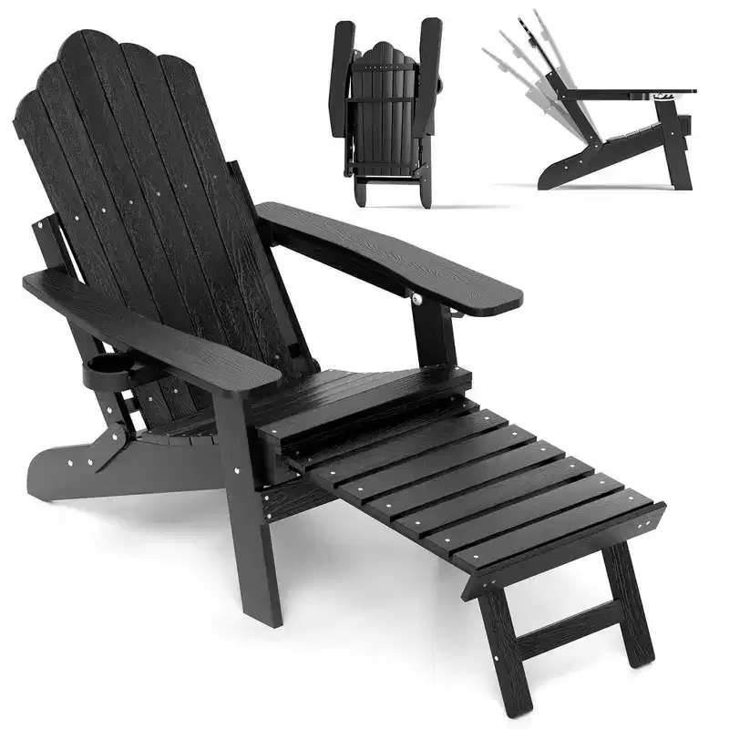 Costway Patio Adirondack Chair All-Weather HIPS Lounge Chair with Retractable Footrest Black/Brown/Gray/Navy