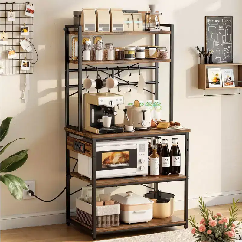 Kitchen Bakers Rack, 5 ft Power Cable Bakers Rack with Power Outlet, Kitchen Stand with X-Shaped Support Bar, 12 S-Shaped Hooks, Black & Brown