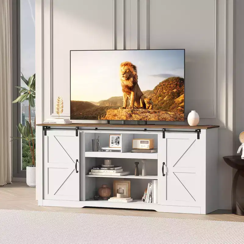 Farmhouse TV Stand for 80 Inch TV  70-Inch Entertainment Center with Sliding Barn Doors, Adjustable Storage Shelves, Media Console for Living Room