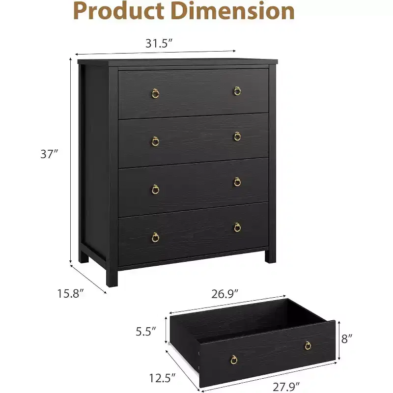 Chest of Dressers with 4/5 Drawers, Night Stand with Gold Handles, Large Clothes Storage Cabinet for Bedroom, Nursery, Living Room, Closet, White