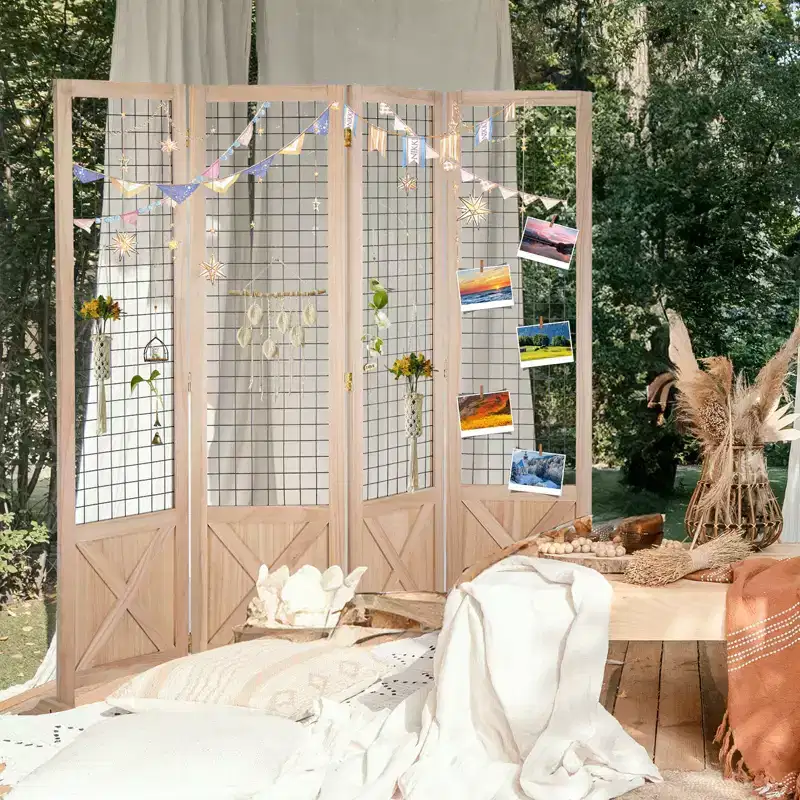 Natural Wood 4-Panel Folding Room Divider with Feet, 5ft