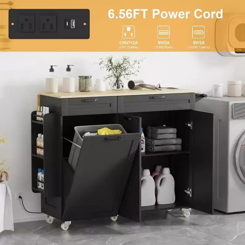 Kitchen Island on Wheels with Storage, Kitchen Island Cart with Trash Can & Electrical Outlets, Portable Rolling Kitchen Island with Adjustable Shelf