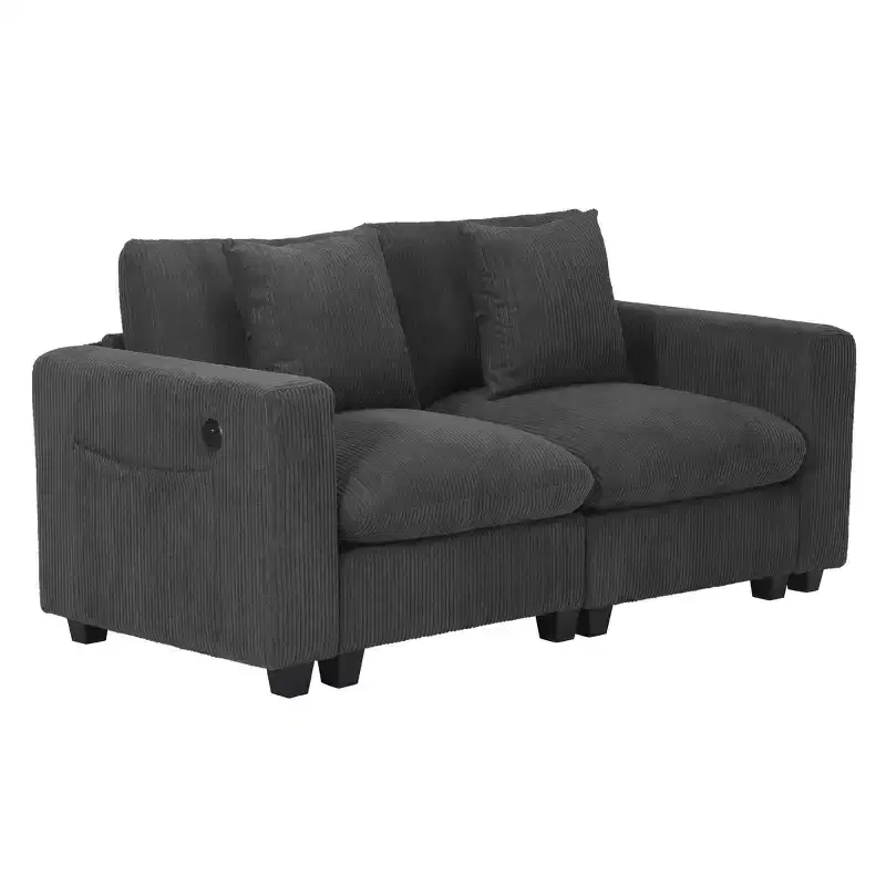 WestinTrends Hearthside 70 Modular Corduroy Loveseat Sofa With USB/Type-C Ports and Side Pockets