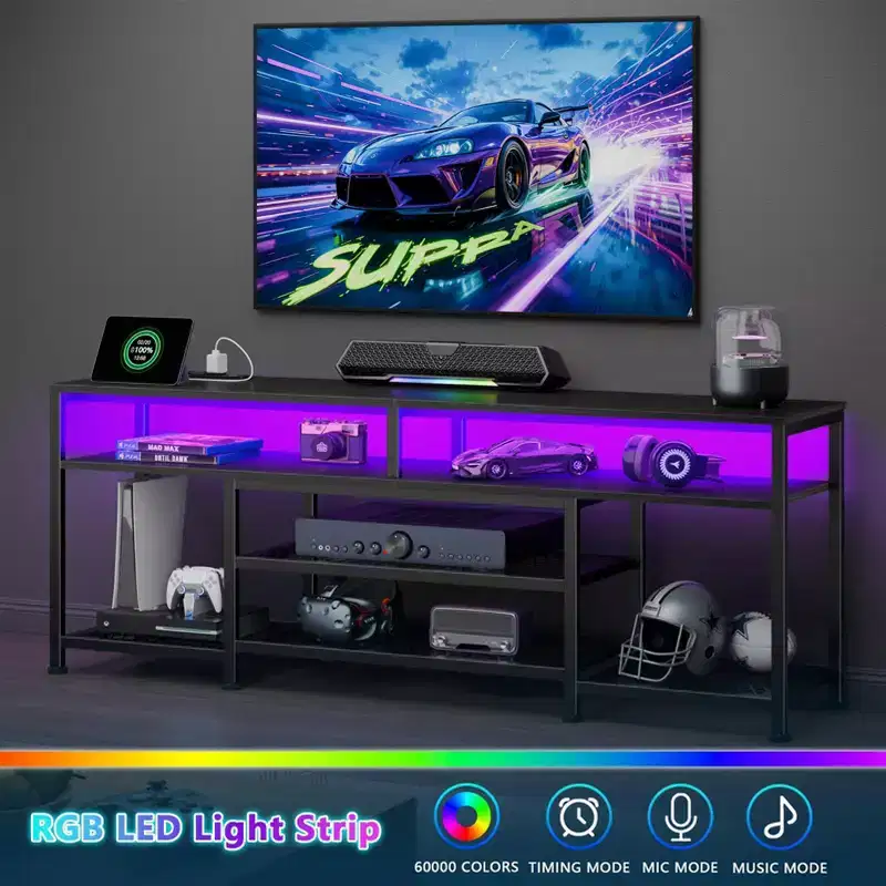 Qwatto 63 Inch Black TV Stand with Charging Station LED Lights Entertainment Center for TVs up to 70 Inch Media Console Storage Shelves Living Room