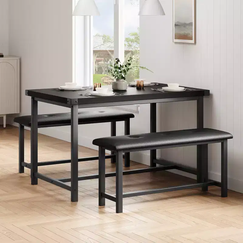 3 Piece Dining Table Set for 4, 44 Kitchen Table with 2 Benches, Wooden Rectangular Kitchen Table Set, Space Saving Breakfast Table, Black