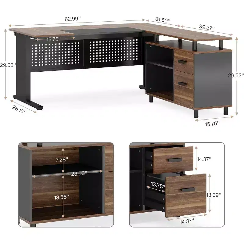Lantine 63 Inch Executive Desk with File Cabinet, Large Office Desk L Shaped Computer Desk with Drawers for Home Office, Brown and Black