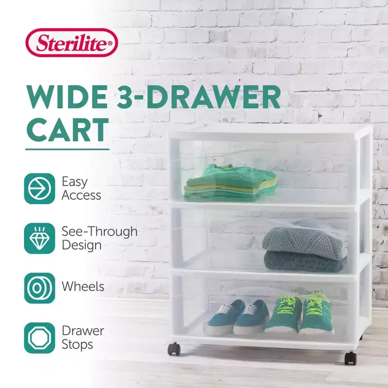 Wide 3-Drawer Plastic Rolling Storage Cart with White Frame, Bedroom & Office Organizer