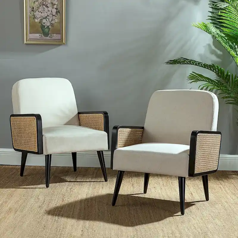 Carmina Modern Bohemian Upholstered Accent Armchair with Wood Legs Set of 2