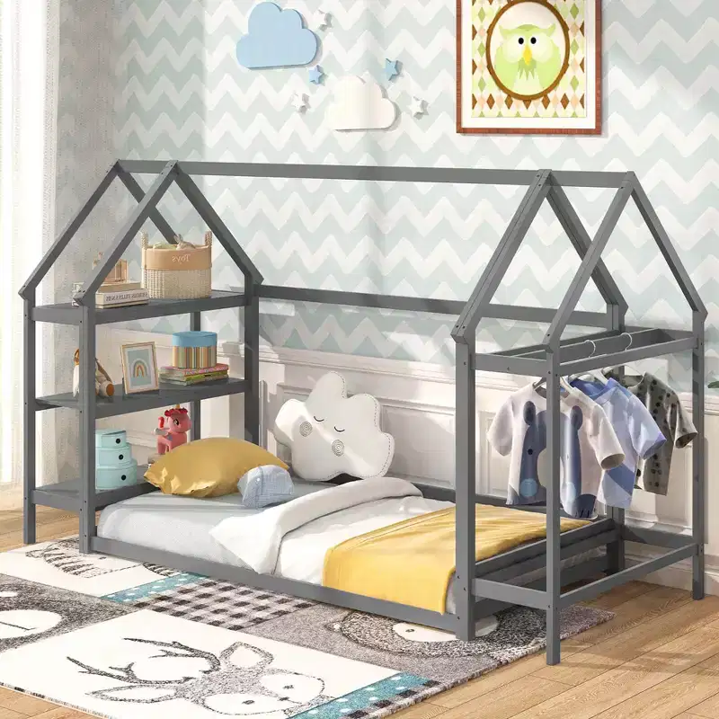 Costway Twin Size House Bed Montessori Floor Bed with Detachable Storage Shelves Gray/White