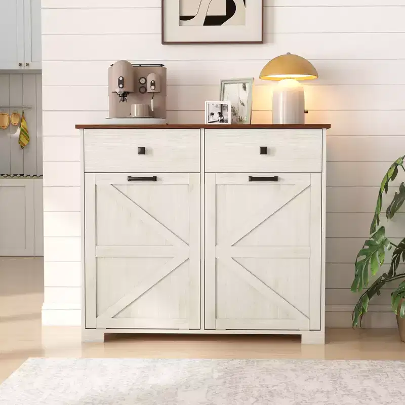 Okak Farmhouse Double Storage Cabinet with 4 Drawers, Free Standing Cabinet, Barn Door Style Laundry Sorter Cabinet for Kitchen
