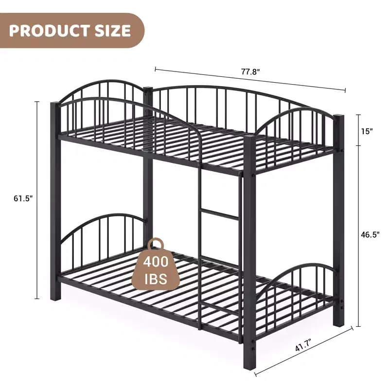Heavy Duty Twin Over Twin Metal Bunk Bed - Sturdy Steel Frame & Arched Guardrail - Safety Ladder, Space-Saving, Modern Bedroom Furniture