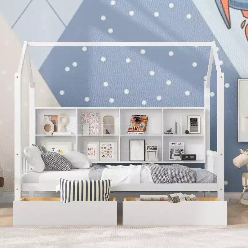 Twin Size House Bed,with Trundle and Storage Shelf,Kids Bed with Roof Design,Multifunctional Sky Roof House Bed Frame,No Box Spring Required