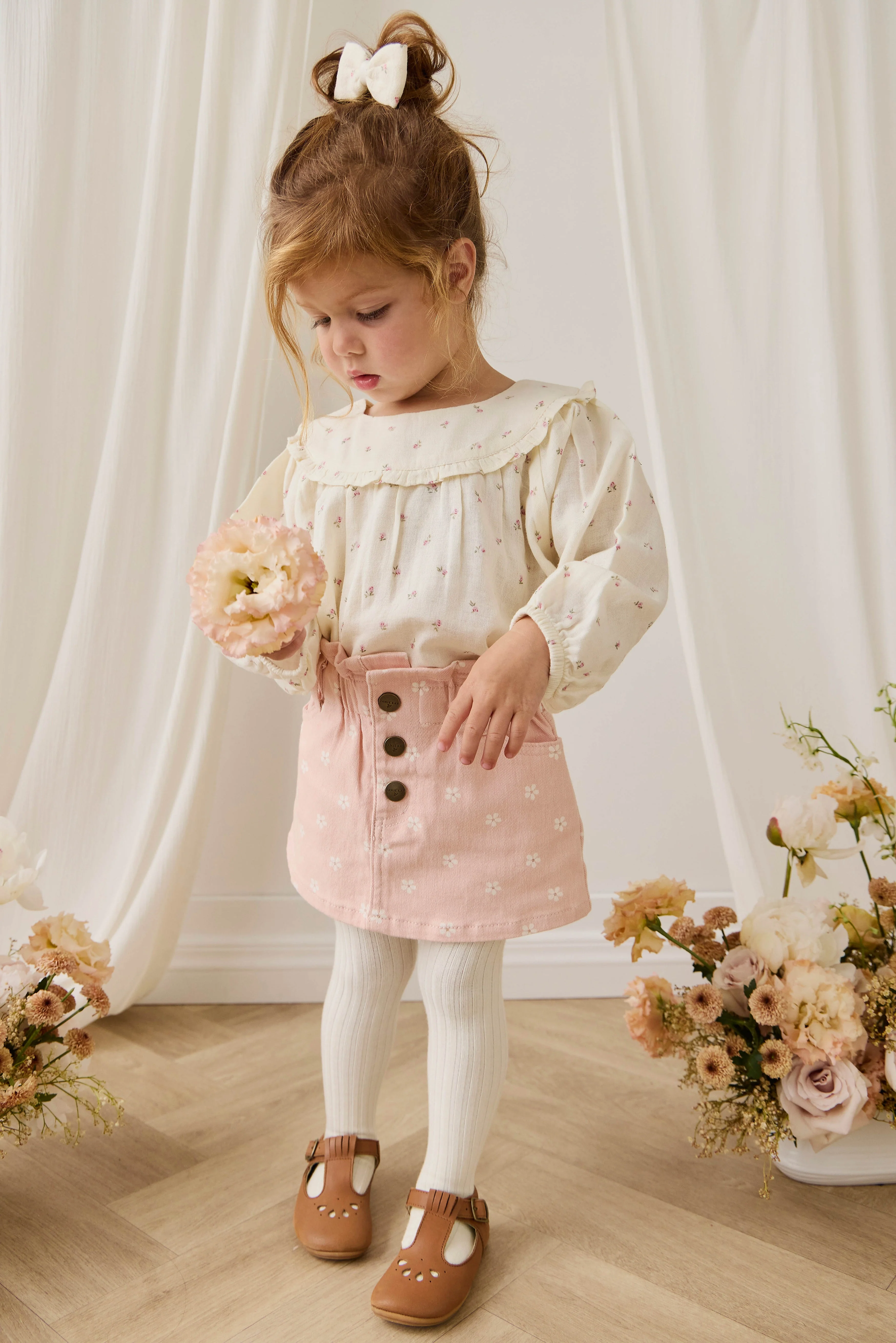 Soft Pink Floral-Print Cotton-Elastane Paperbag Waist Skirt with Button Detail for Girls 1Y–10Y