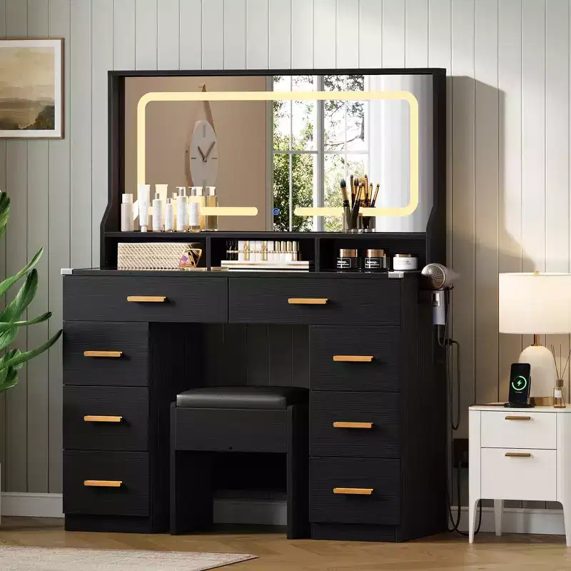 Vanity Desk with Large Mirror, White Makeup Table with Glass Top & 8 Drawers, Stool Included for Bedroom