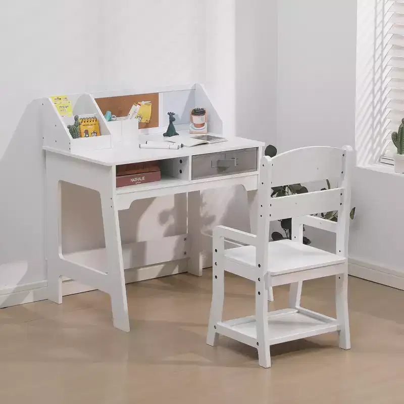 Kids Desk and Chair Set, Wooden Study Table with Storage Bins, Bookshelf, Bulletin Board, and Pen Holder, Writing Table for Boys and Girls, White