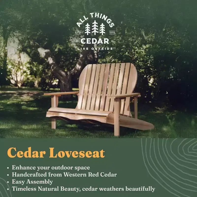 All Things Cedar Handcrafted Wooden Adirondack Loveseat Chair, Comfortable Outdoor Seat for Deck and Patio Furniture, Natural Finish