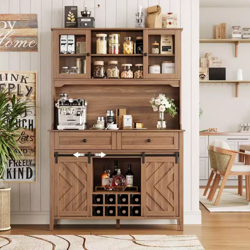 COZONY 72 Farmhouse Bar Cabinet with Sliding Barn Door, Kitchen Buffet Hutch with Charging Station, LED Rustic Coffee Bar