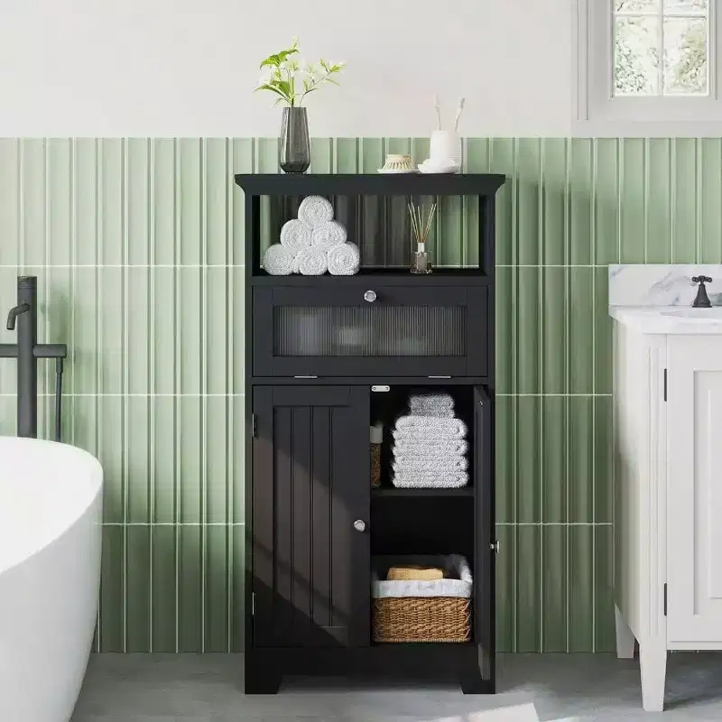 Freestanding Bathroom Cabinet Black Flip Glass Drawer 2 Doors Adjustable Shelf Open Storage Bathroom Living Room Hallway