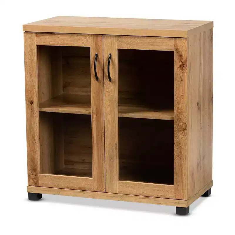 Zentra Wood 2 Door Storage Cabinet with Glass Doors, Oak Brown/Black