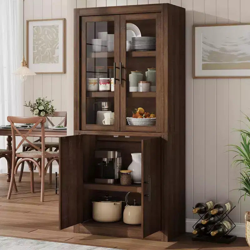 71 Tall Kitchen Pantry Cabinet, 4 Doors & Adjustable Shelves, Freestanding Wood Large Food Cupboard for Dining, Living Room