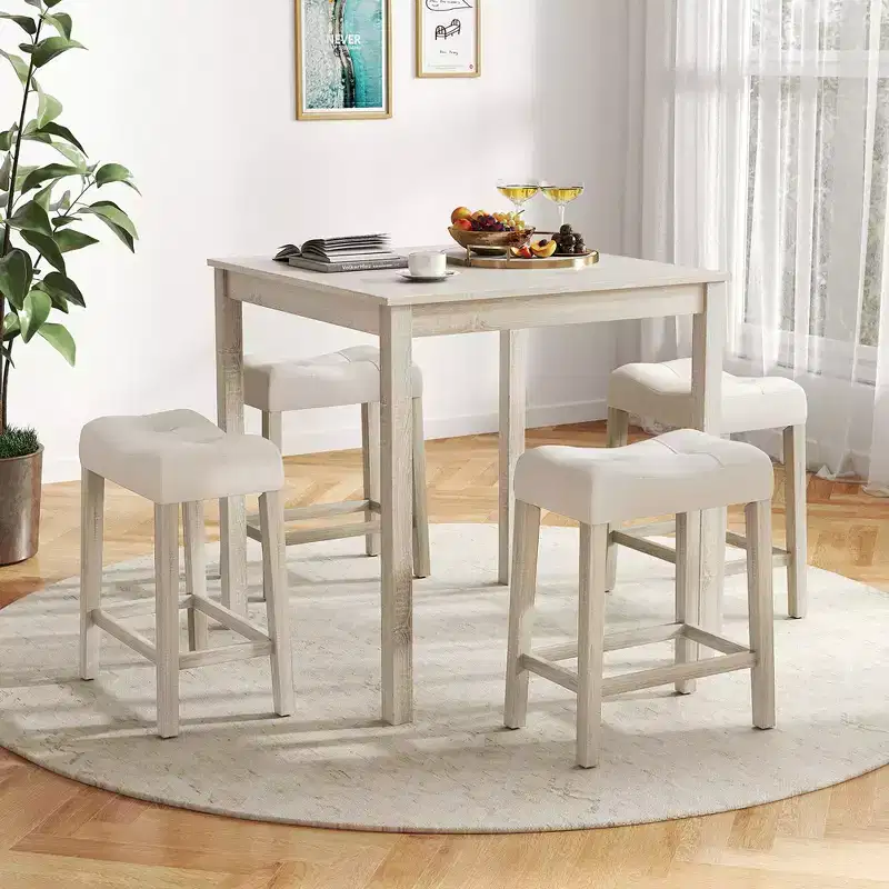 Costway 5 PCS Square Bar Table Set for 4 w/ Padded Stools Rubber Wood Legs for Kitchen