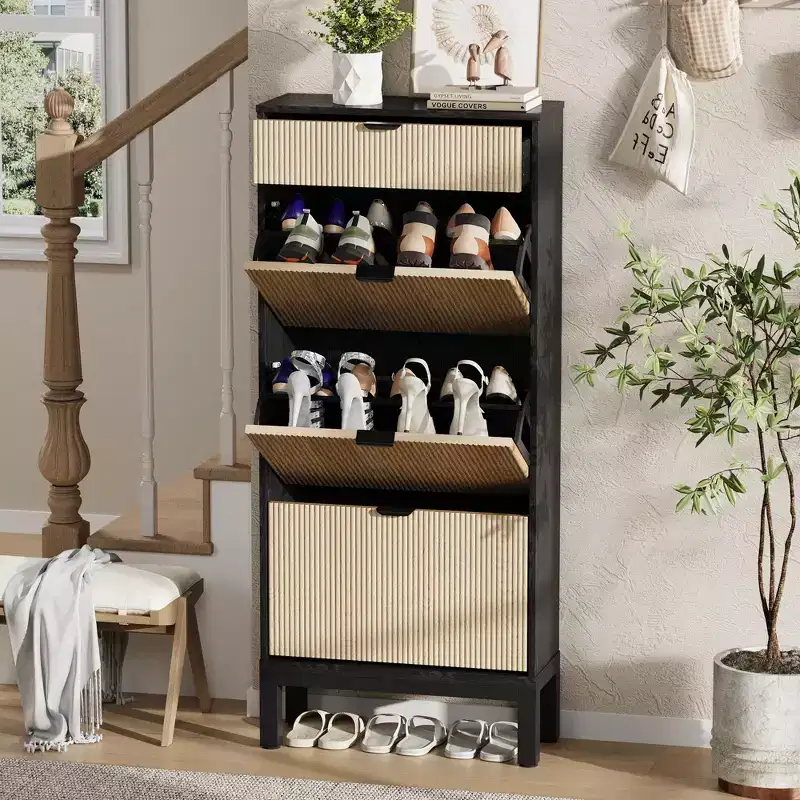 Fluted Shoe Cabinet with 3 Flip Drawers and 1 Drawer, Wood Freestanding Hidden Shoe Organizer with Adjustable Shelves