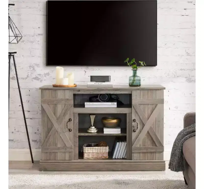 MDF Farmhouse Media Console - Vintage Entertainment Stand with Open & Closed Storage, Fits Under 50-Inch TVs