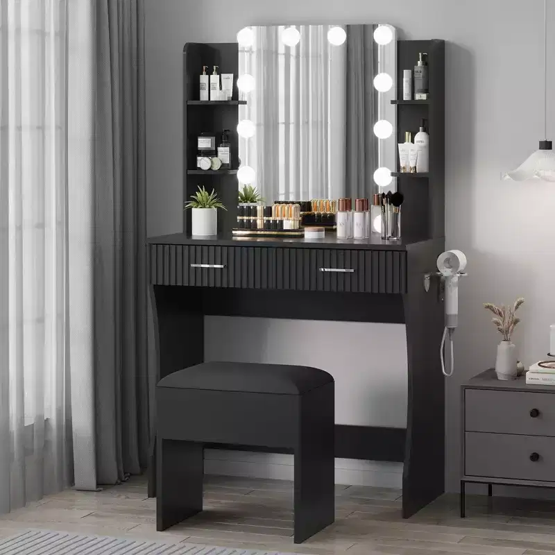 Makeup Vanity Desk with Mirror and Lights, Vanity Table with 2 Drawers, 6 Shelves, Hair Dryer Holder & Stool,Dressing Table Furniture for Bedroom