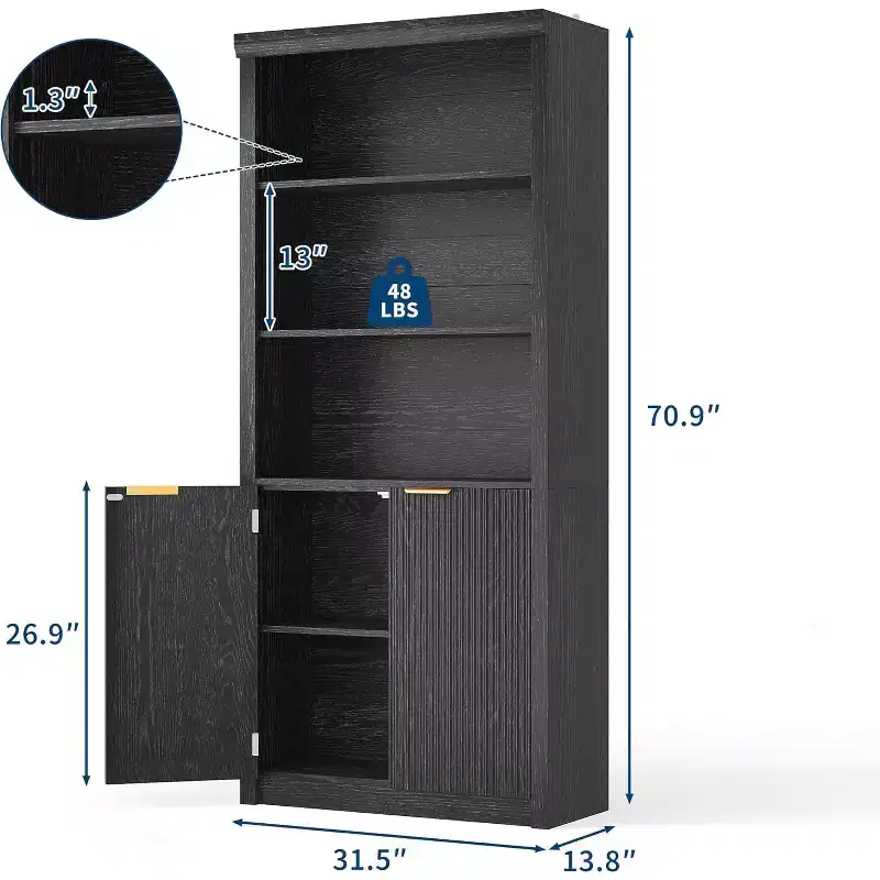 5-Shelf Bookcase with Doors, Black / Grey / Oak / White, 71