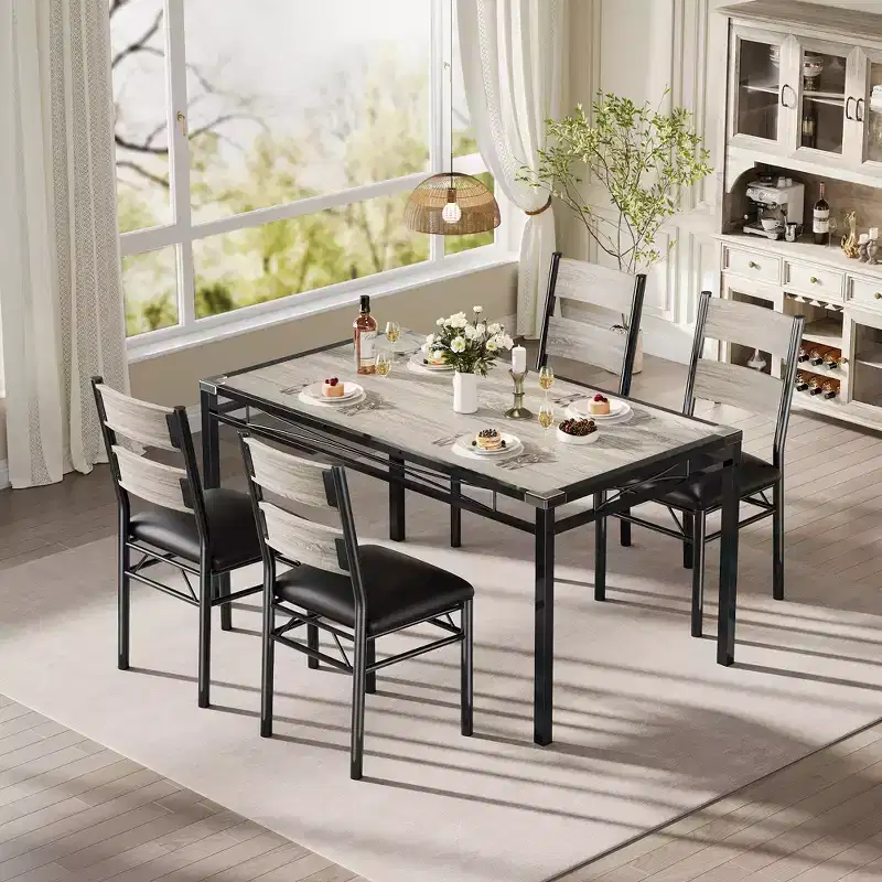 Dining Room Table Set for 4 with Corner Protector, Wood Kitchen Table and Chairs Set of 4 with Upholstered Chairs for Kitchen Room Apartment, Gray