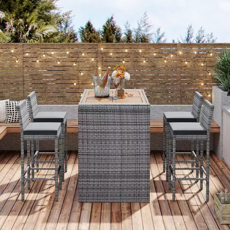 5-Piece Outdoor Patio Bar Dining Set with Acacia Wood Table and Wicker Bar Height Chairs, Weather-Resistant Furniture for Backyard-Panipeachy
