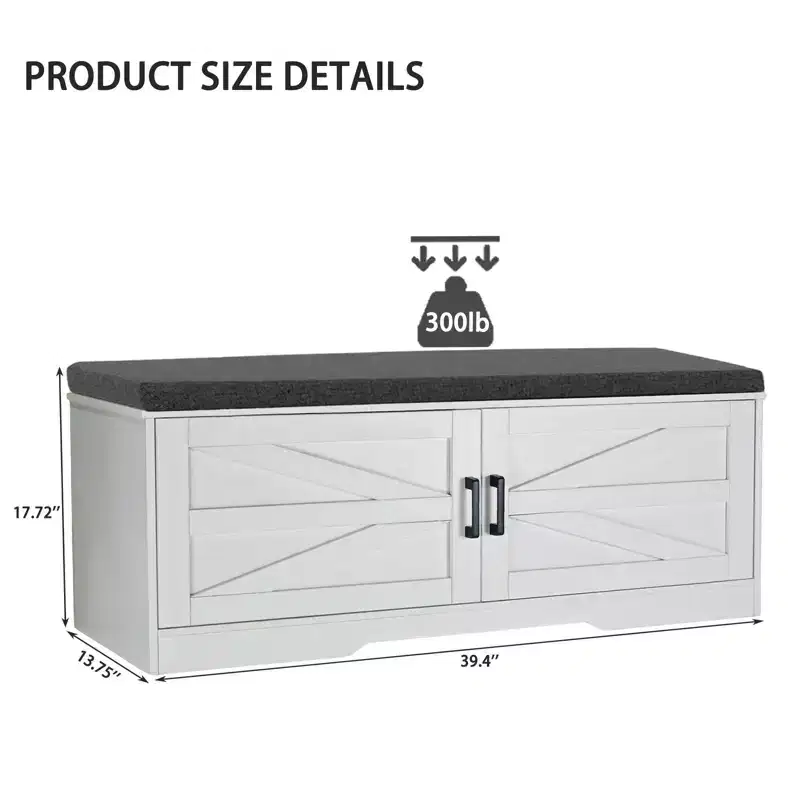 FurnitureR Shoe Storage Bench with Cushion, Farmhouse Entryway Bench with Cabinet Doors, Upholstered Shoe Bench for Entryway, Mudroom or Hallway