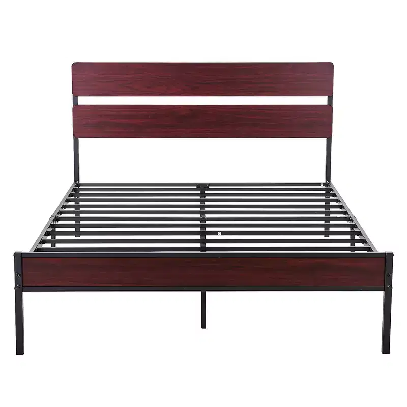 VECELO Queen/King Size Bed Frame with Wooden Headboard, Metal Bed Platform No Box Spring Needed with Heavy Duty Steel Slat, Brown