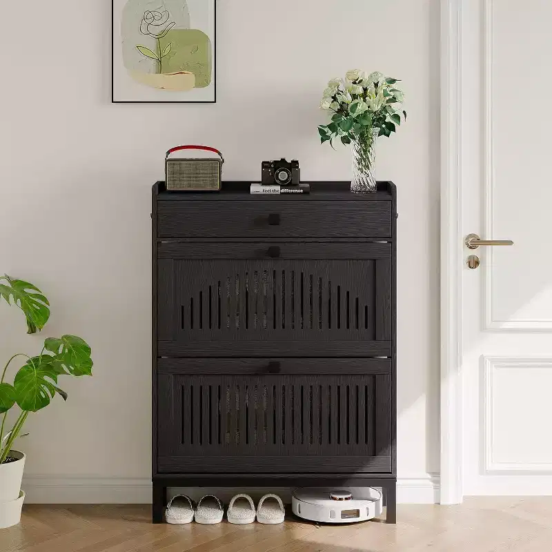 Entryway Shoe Cabinet with 2 Flip Drawers, Top Drawer & Hollow Panel – 31.4