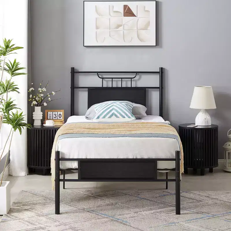 VECELO Metal Platform Bed with Wood Headboard and Footboard