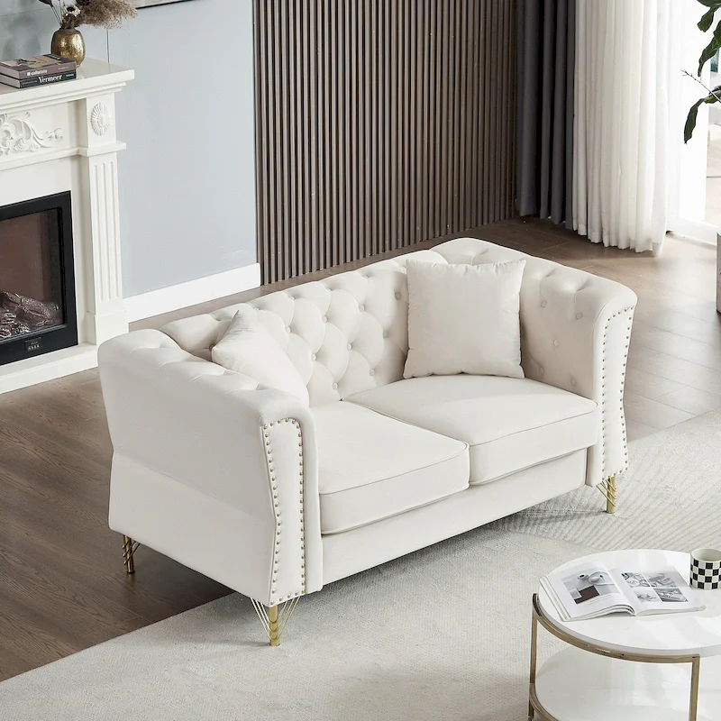 Beige 60.2  Velvet 2 Seater Sofa Couch with Metal Feet, 2 Pillows, Nailhead Trim, Solid Wood Frame and Foam Padding