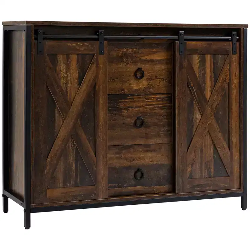 Rustic Farmhouse Buffet Cabinet – Sliding Barn Doors, 3 Drawers & Adjustable Shelf