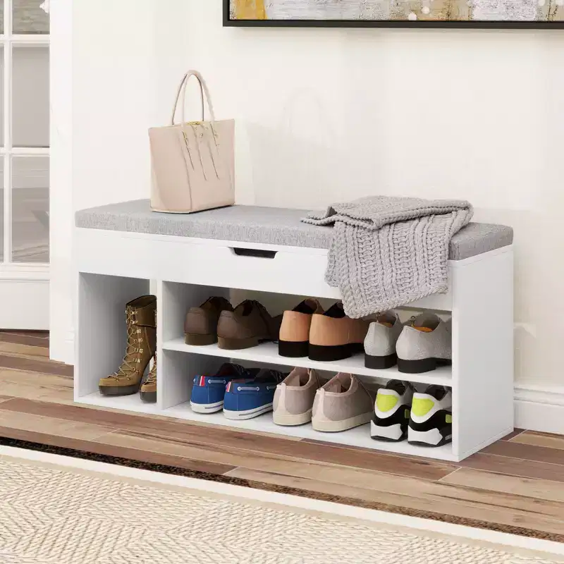 Costway Shoe Bench Home Entryway Shoes Storage Bench w/ Padded Seat & Hidden Storage White