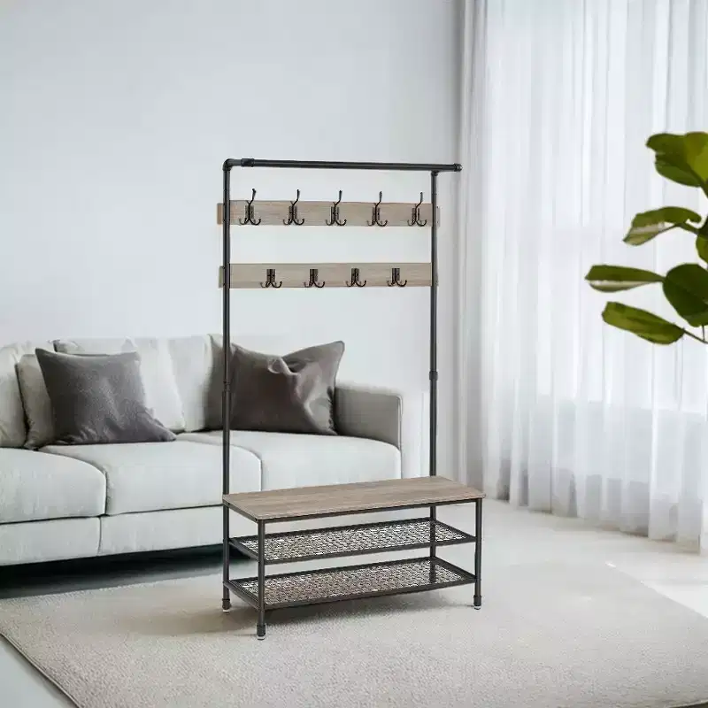 DAINTREE 3-in-1 Entryway Coat Rack and Storage Bench, Pipe Style Hall Tree with 9 Hooks, Multifunctional, Sturdy Steel Frame, Large Size, Industrial