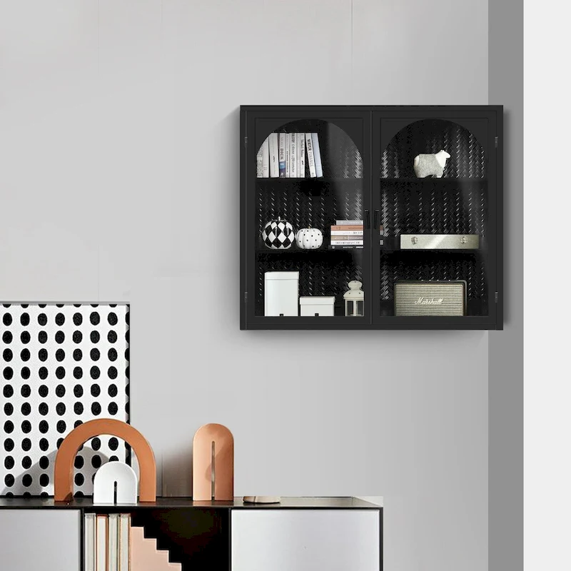 27.56Glass Doors Modern Two-door Wall Cabinet with Featuring Three-tier Storage - N/A