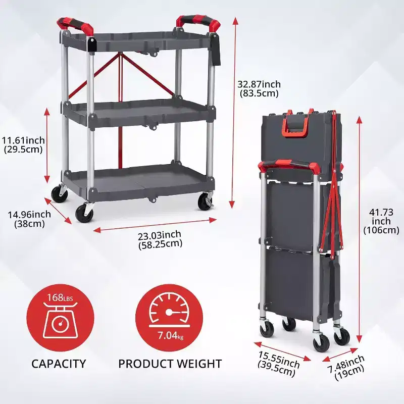 3-Tier Foldable Utility Cart with Wheels,Portable Rolling Storage Trolley,167 lbs Load Capacity,No-Assembly Organizer for Office,Home,Garage,Warehouse
