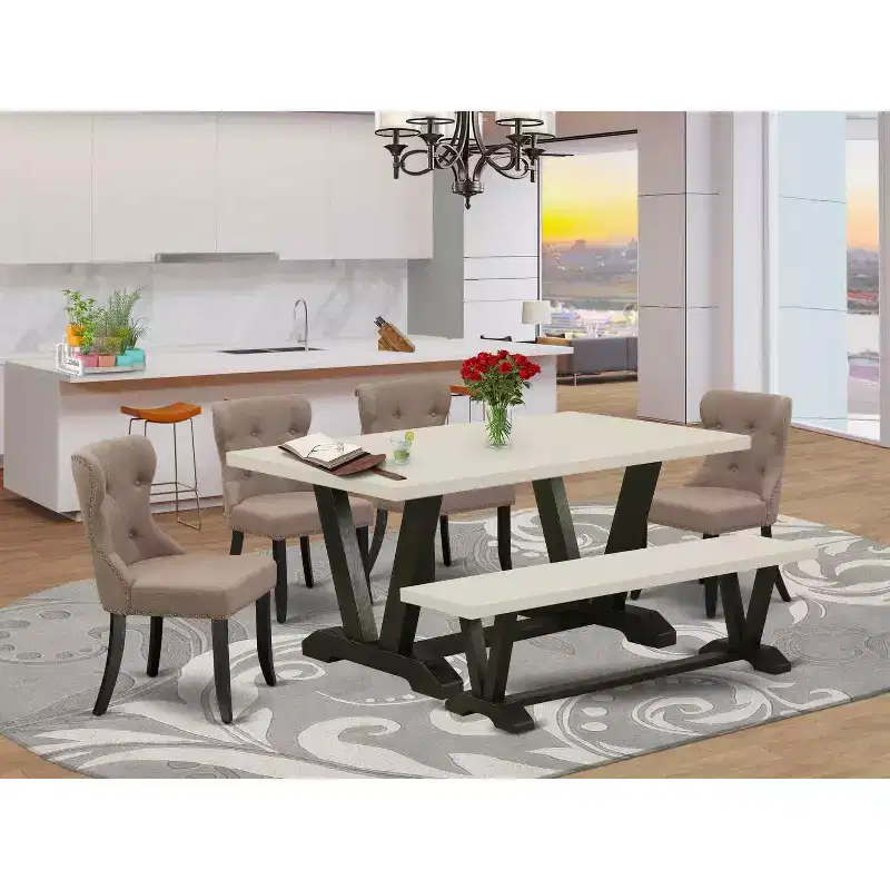 6-Piece Rectangle Natural Oak Finish Solid Wood Top Dining Table with 1-Bench, 4-Chairs