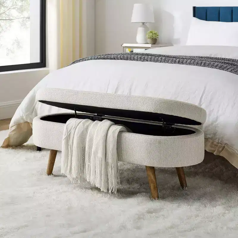 Storage Ottoman Bench, Gray Linen 43.5x16x16 White Upholstered Wood Legs Safety Flip Top Oval Foot Rest Long Couch Hinge Flip Stool for Living Room