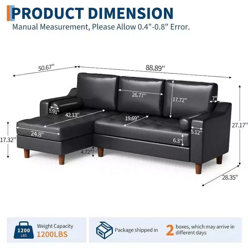 88.9 L-Shaped Sectional Sofa with Convertible Chaise, Modern Mid-Century 3-Seat Faux Leather Couch, Deep Seating for Living Room,Apartment,Orange