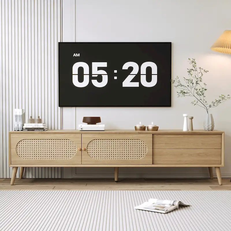 TV Stand for TVs up to 80 , Modern Media Console, Entertainment Center with Wood Legs, TV Cabinet for Living Room