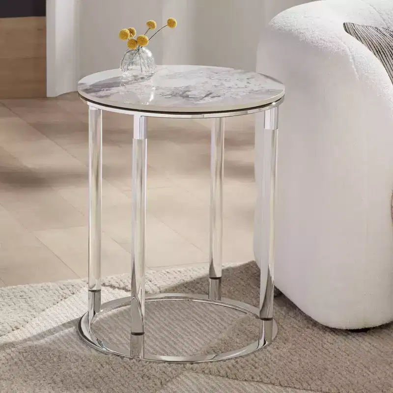 1/4 Wide Stone and Chrome Round Side Table
