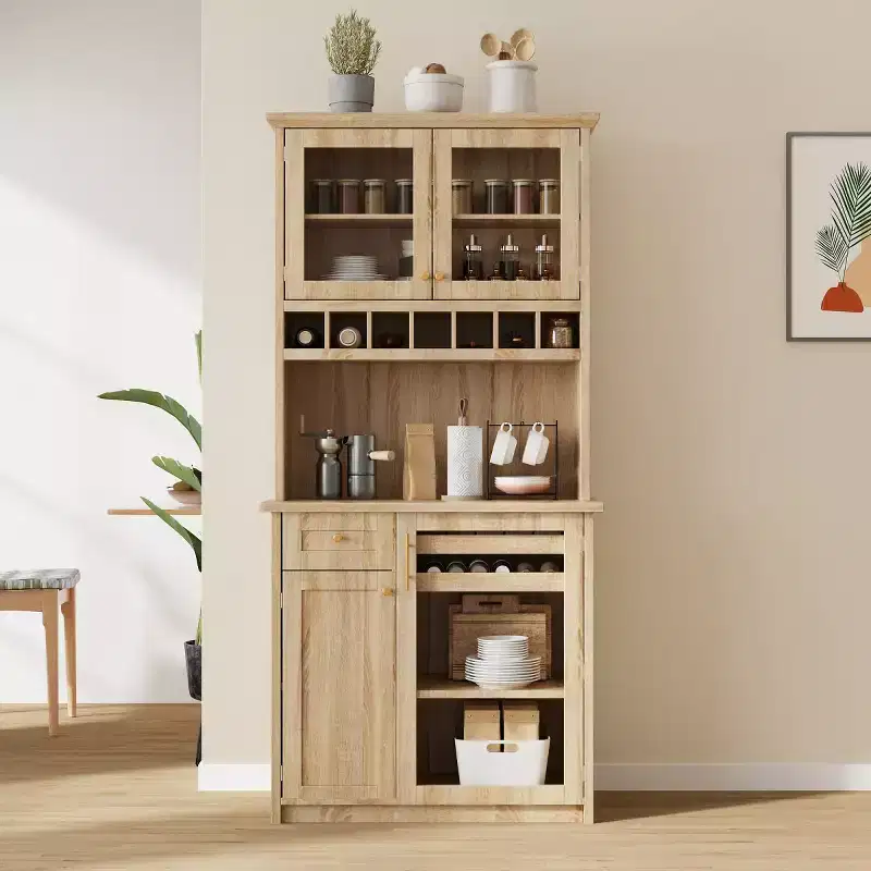 75 Tall Kitchen Pantry Cabinet with Glass Doors, Freestanding Buffet Hutch for Kitchen, Dining Room, or Living Room-Panipeachy
