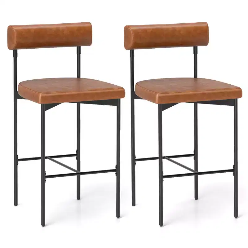 Costway 26 Upholstered Bar Stools Set of 2 with Padded Cushion & Backrest Footrest Brown/Gray